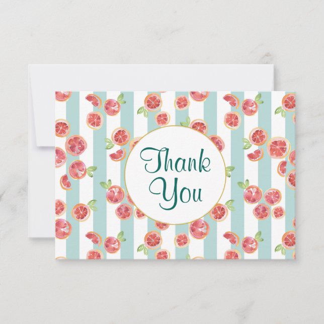 Pink Grapefruit Pattern on Green Stripes Thank You Card (Front)