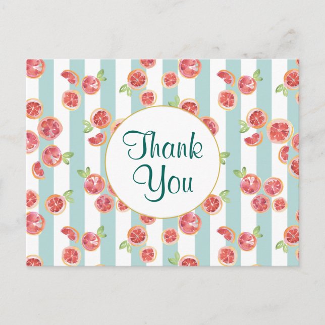 Pink Grapefruit Pattern on Green Stripes Thank You Postcard (Front)