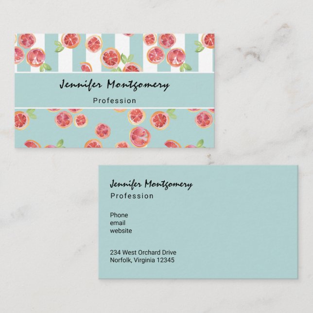 Pink Grapefruit Pattern on Stripes Business Card (Front/Back)