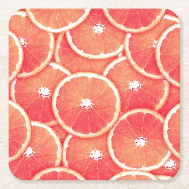 Pink grapefruit slices square paper coaster (Front)