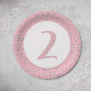 Pink Gray 2nd Birthday 2 Leopard Pattern  Paper Plate