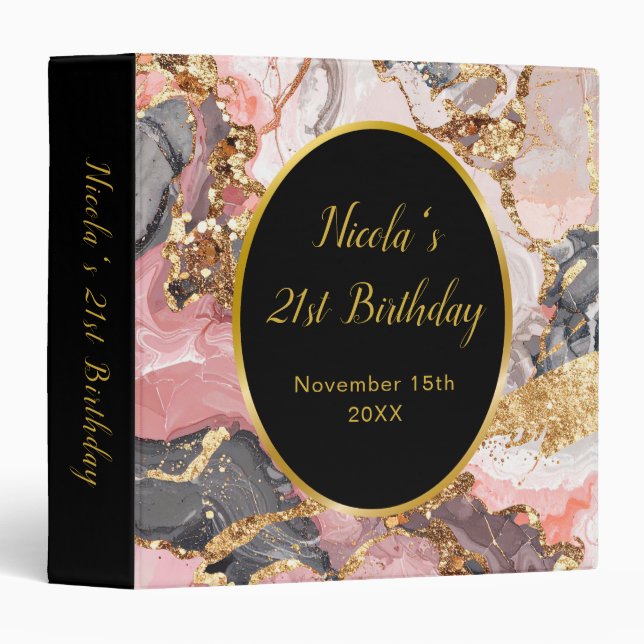 Pink, Gray and Gold Marble Agate Birthday Party Binder (Front/Spine)