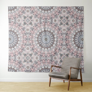 Pink Gray and White Mandala Pattern Tapestry