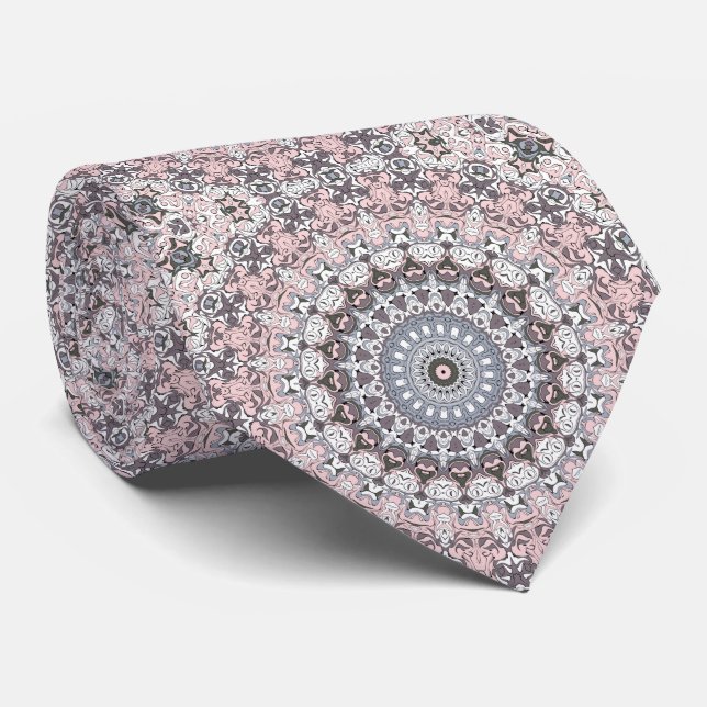 Pink Gray and White Mandala Pattern Tie (Rolled)