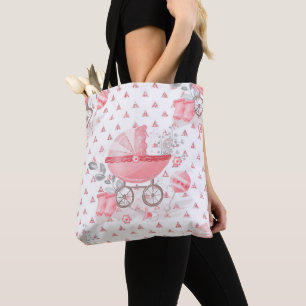 PINK & GRAY BABY GIRL PASTEL PRAM BOOTIES TOTE BAG