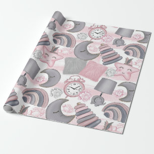 PINK & GRAY BABY GIRL TOYS HEARTS FLOWERS WRAPPING PAPER