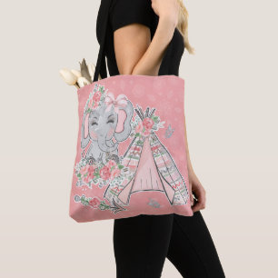 PINK & GRAY BOHO BABY ELEPHANT & DREAMCATCHER TOTE BAG