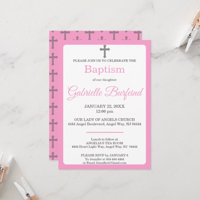 Pink & Gray Cross Watercolor Baptism Invitation (Front/Back In Situ)