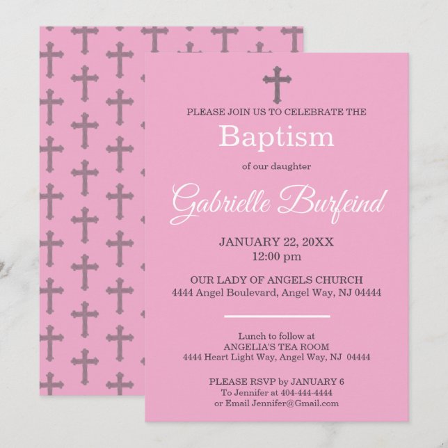 Pink & Gray Cross Watercolor Baptism Invitation (Front/Back)