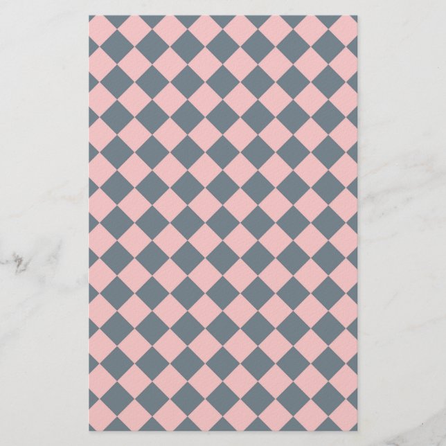Pink Gray Diamond Harlequin Checker Pattern Stationery (Front)