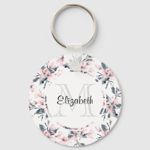 Pink & Gray Floral Watercolor Pattern Monogram Keychain