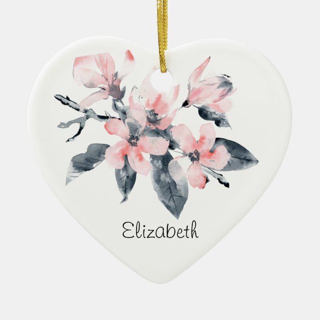 Pink & Gray Flowers Classy Watercolor Ceramic Ornament (Front)