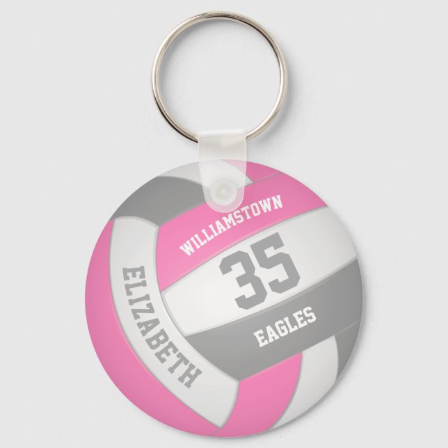 pink gray girly personalized team name volleyball keychain (Front)