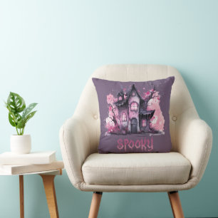 Pink & Gray Spooky Haunted House Purple Halloween Throw Pillow