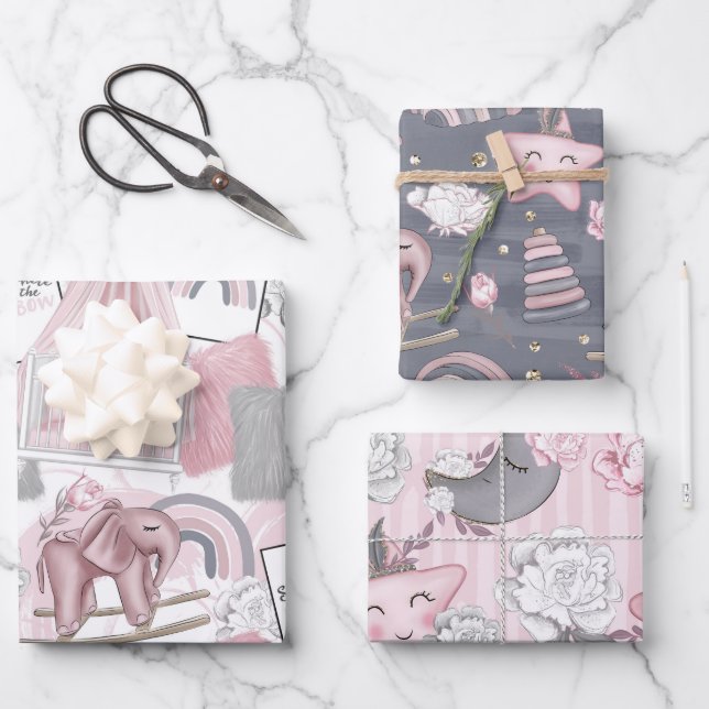PINK GRAY WHITE BABY GIRL ITEMS & FLOWERS WRAPPING PAPER SHEET (Front)