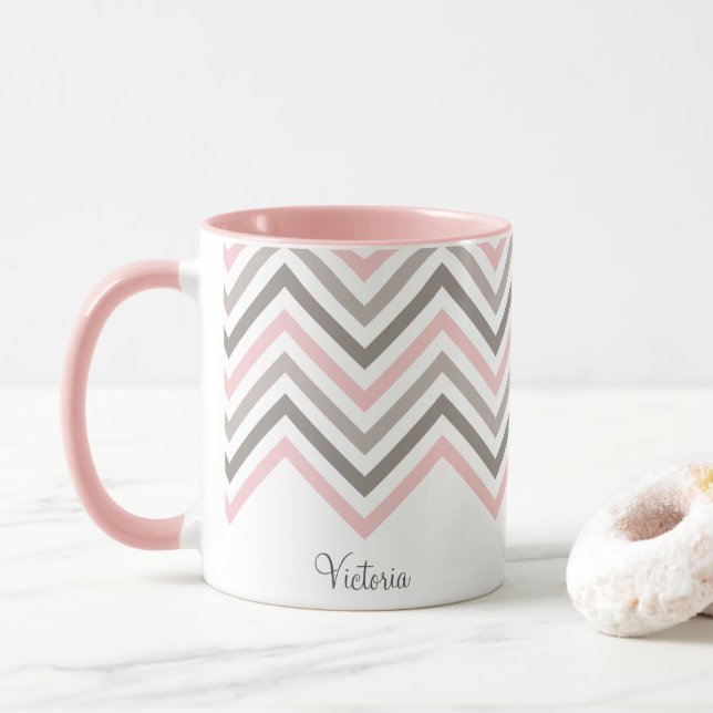 Pink Gray White Chevron Pattern Personalized Mug (With Donut)