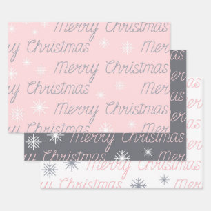 PINK GRAY WHITE HOLIDAY MERRY CHRISTMAS WRAPPING PAPER SHEET