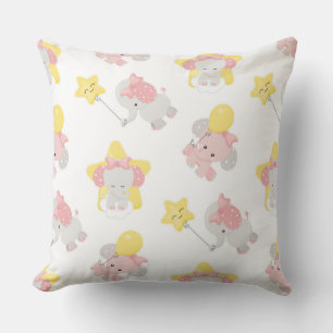 PINK GRAY YELLOW BABY ELEPHANTS MOONS STARS THROW PILLOW