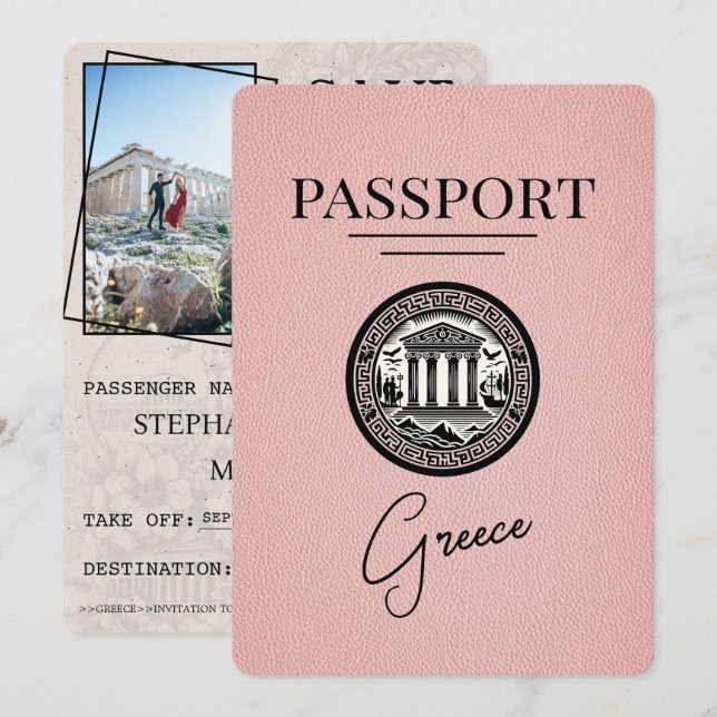 Pink Greece Passport Save the Date Card (Front/Back)
