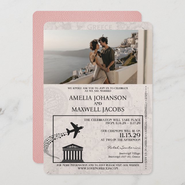 Pink Greece Passport Wedding Invitation (Front/Back)