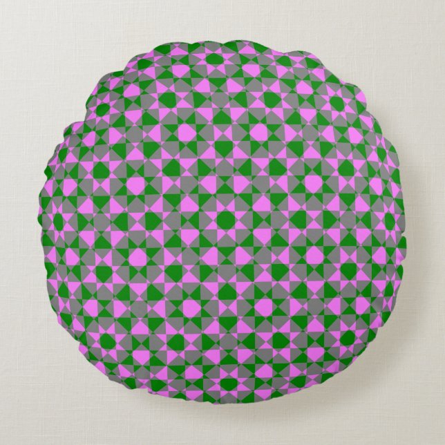 Pink Green Abstract Chequered Square Pattern Round Pillow (Front)