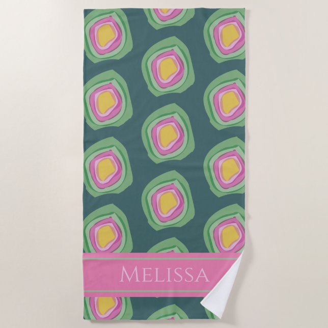 Pink Green Abstract Circles Personalized Beach Towel (Front)
