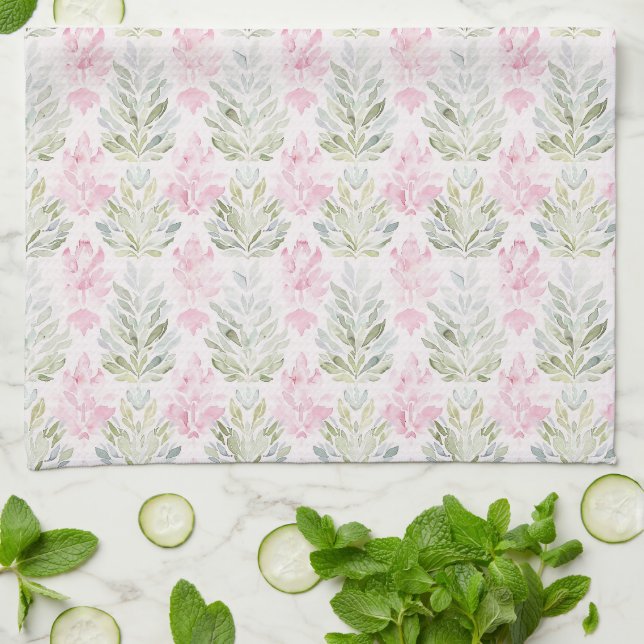 Pink Green Abstract Floral Kitchen Towel (Folded)