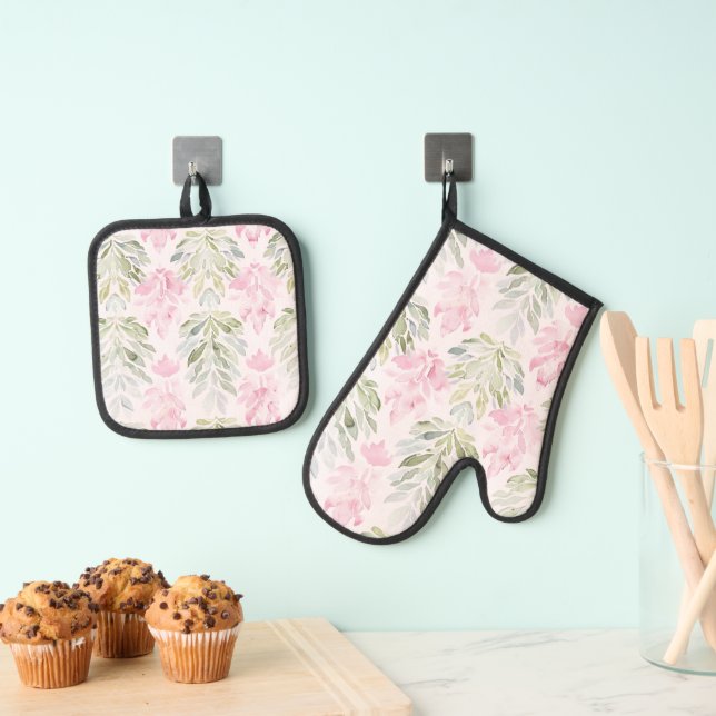 Pink Green Abstract Floral Oven Mitt & Pot Holder Set (Insitu(Hanging))
