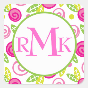 Pink & Green Abstract Flowers Monogram Stickers