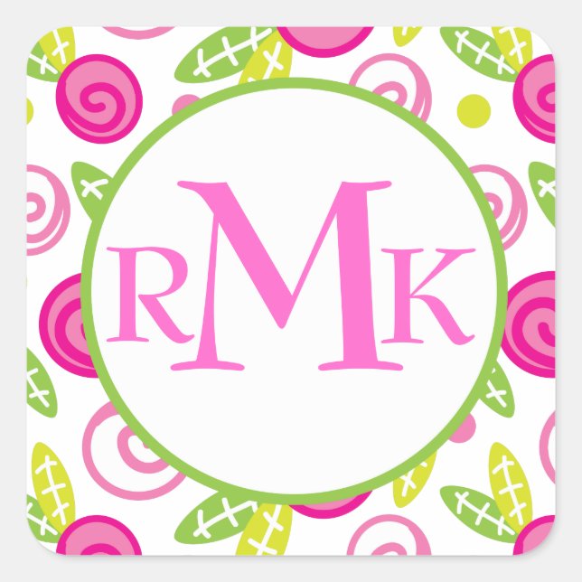 Pink & Green Abstract Flowers Monogram Stickers (Front)