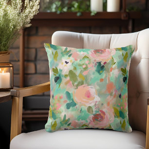 Pink Green Abstract Painting Floral Pattern Throw Pillow