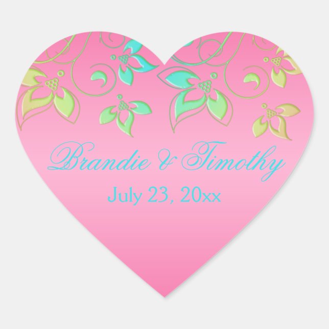 Pink, Green and Aqua Floral 1.5" Heart Sticker (Front)