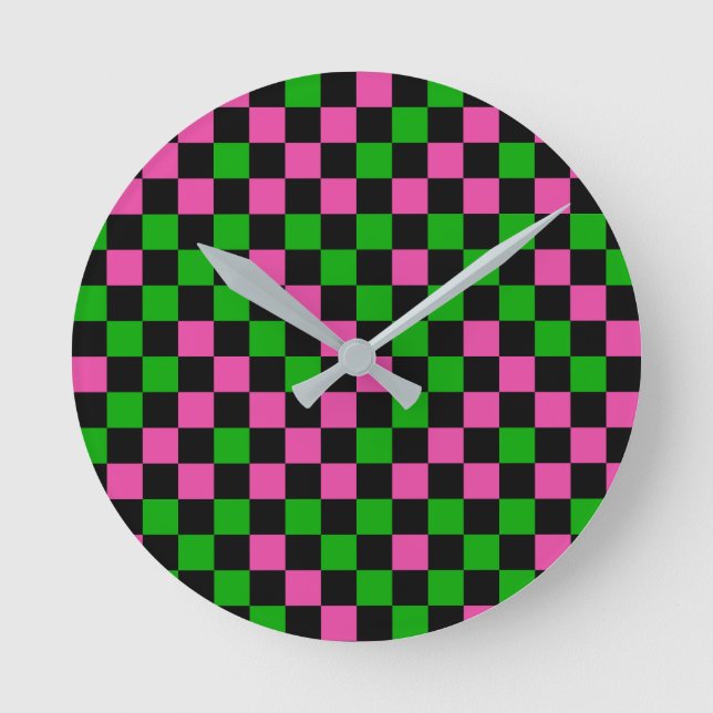 Pink Green And Black Chequered Pattern  Round Clock (Front)