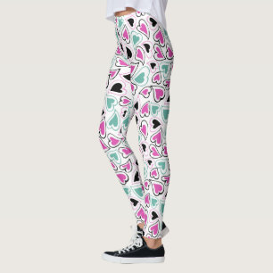 Pink, Green and Black Modern Hearts Pattern Leggings