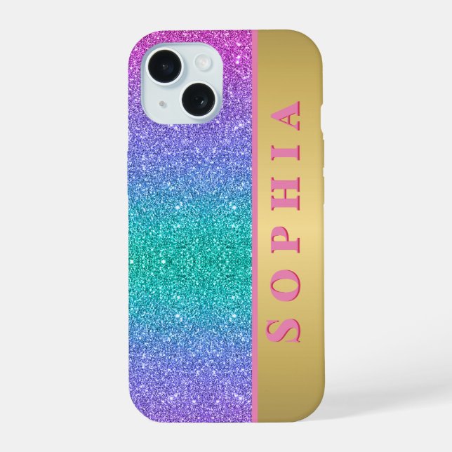 Pink Green and Blue Colour Glitter Gradient Textur iPhone 15 Case (Back)