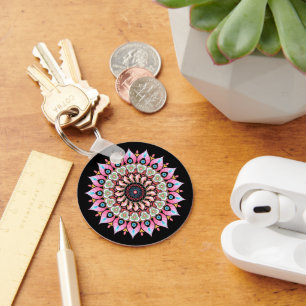 Pink, Green And Blue Flower Mandala Keychain