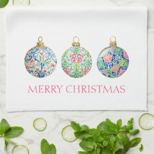 Pink Green and Navy Blue Chinoiserie Christmas Kitchen Towel
