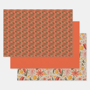 Pink, Green and Orange Floral and Pattern Wrapping Paper Sheet