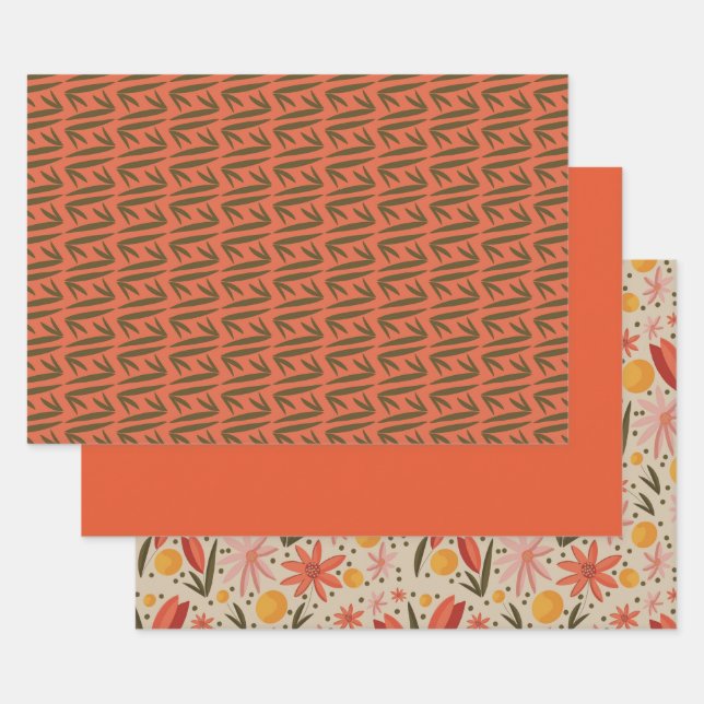 Pink, Green and Orange Floral and Pattern Wrapping Paper Sheet (Set)