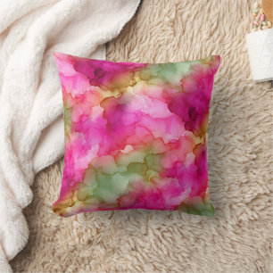 Pink Green and Soft Gold Watercolor Fluid Marble Throw Pillow