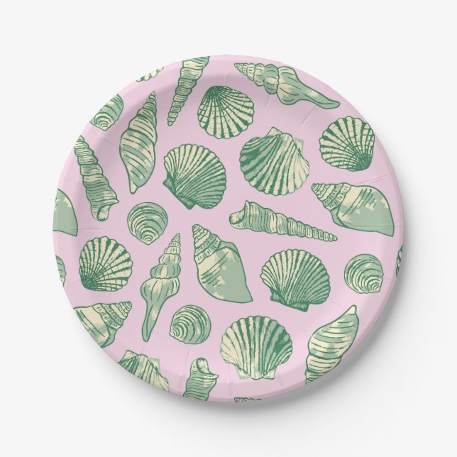 Pink, Green and Yellow Coastal Seashells Paper Plate (Front)