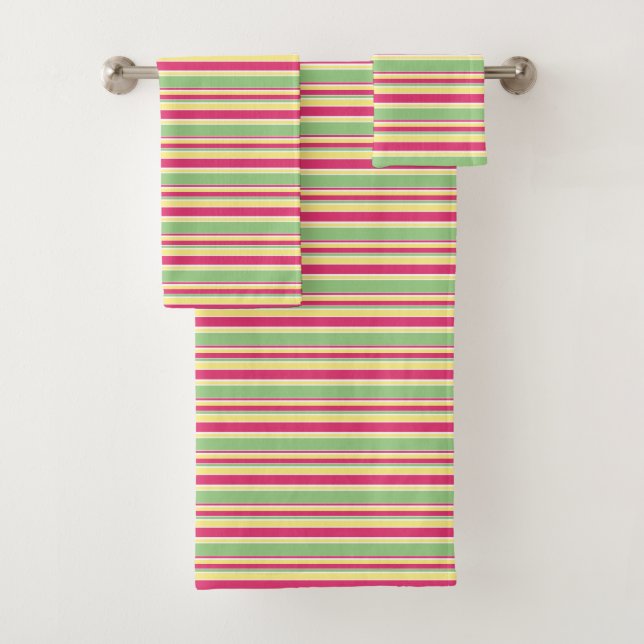 Pink, green and yellow stripes bath towel set (Insitu)