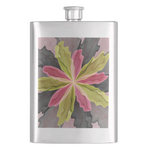 Pink Green Anthracite Fantasy Flower Fractal Art Hip Flask