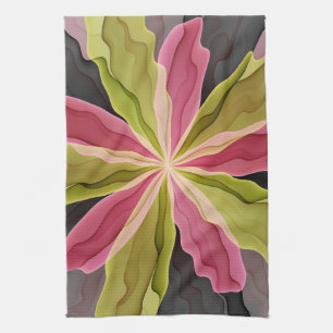 Pink Green Anthracite Fantasy Flower Fractal Art Kitchen Towel