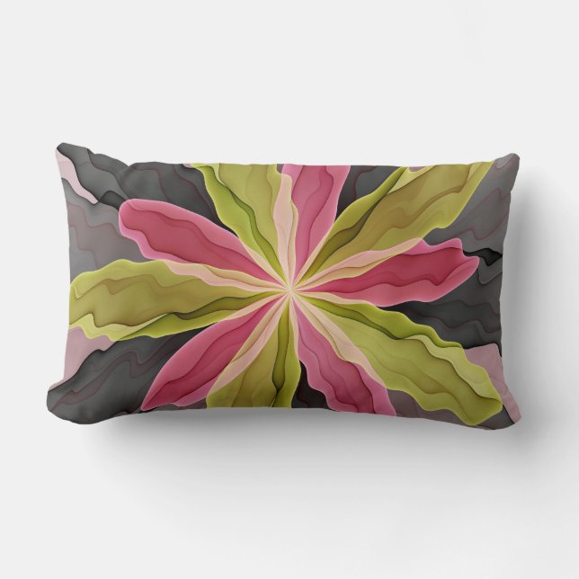 Pink Green Anthracite Fantasy Flower Fractal Art Lumbar Pillow (Front)