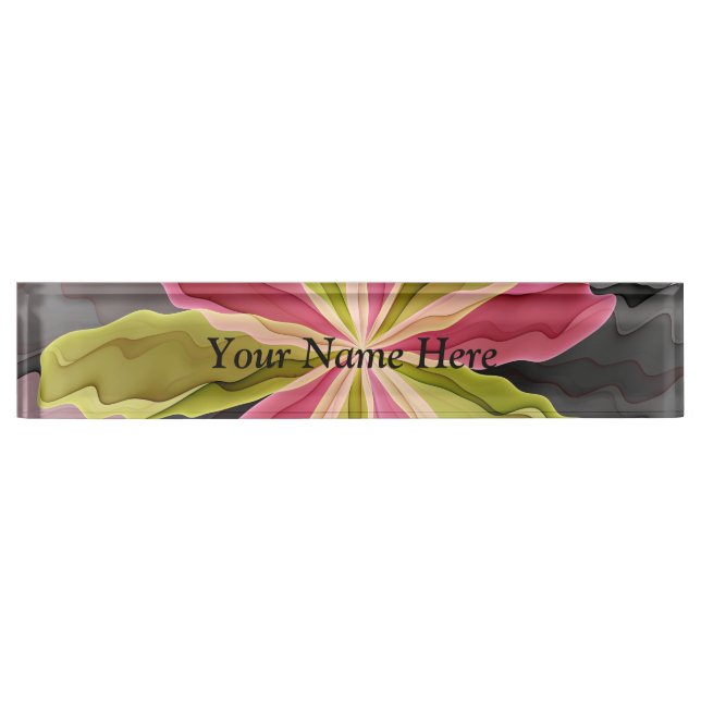 Pink Green Anthracite Fantasy Flower Fractal Art Nameplate (Front)