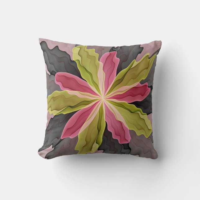 Pink Green Anthracite Fantasy Flower Fractal Art Throw Pillow (Front)
