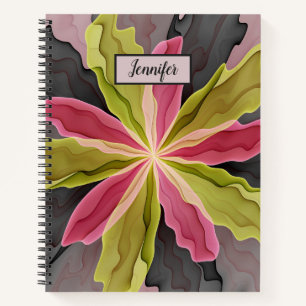 Pink Green Anthracite Fantasy Flower Fractal Name Notebook