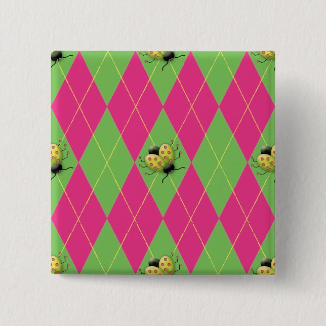 Pink & Green Argyle Ladybug 2 Inch Square Button (Front)