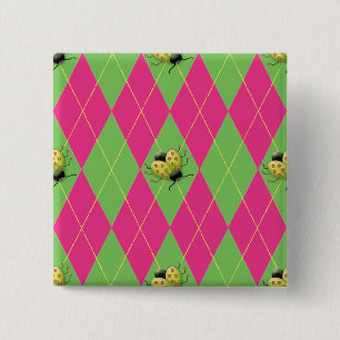 Pink & Green Argyle Ladybug 2 Inch Square Button